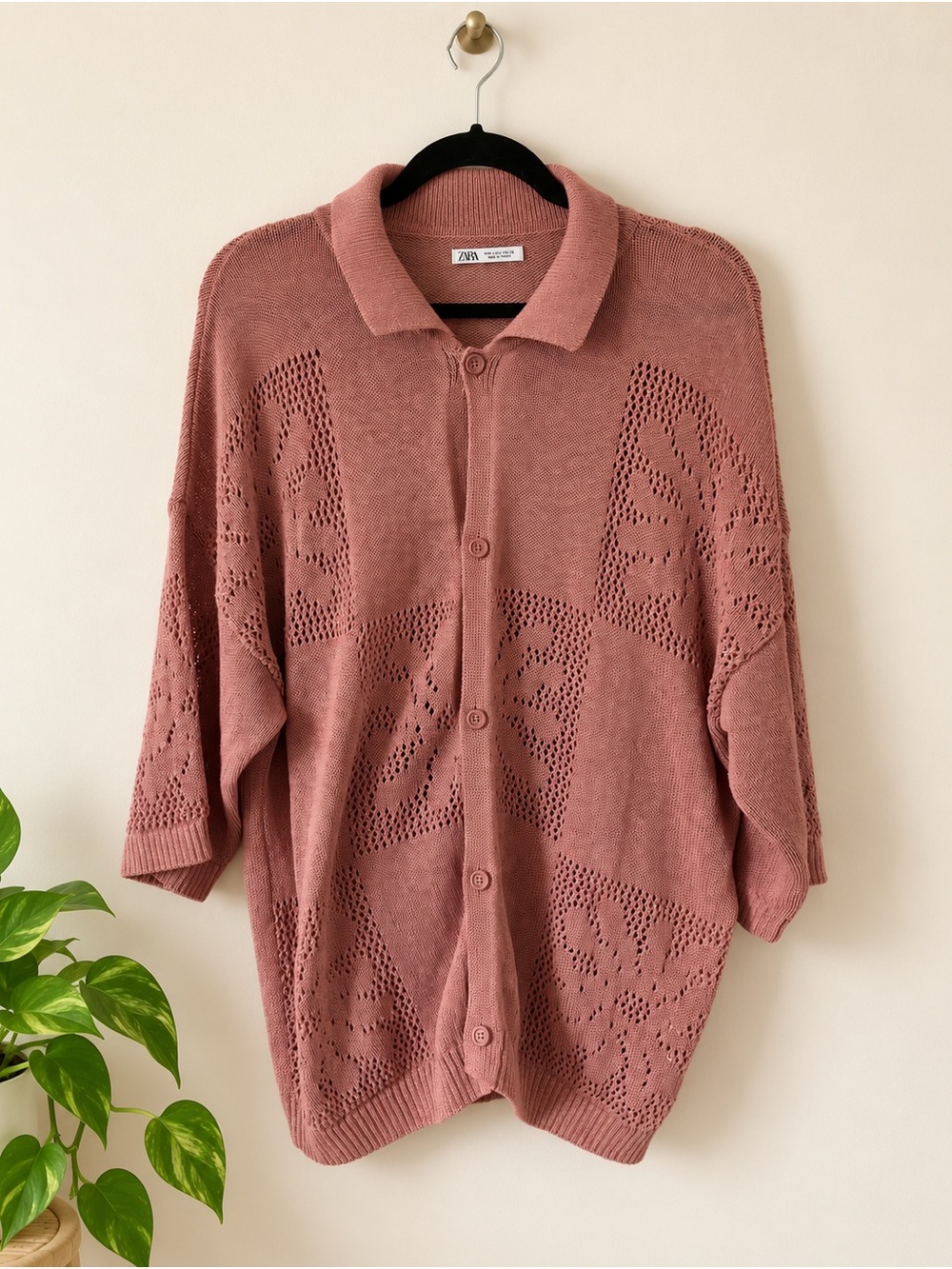 Zara Dusty Rose Open Knit Cardigan Size L